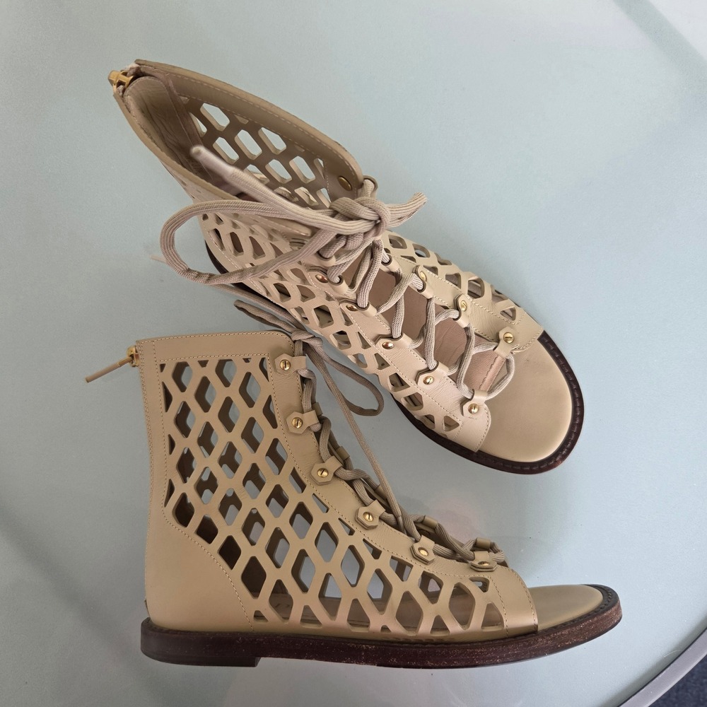 Christian Dior Beige Leather Laser Cut Gladiator Flat Sandals Lace Up Zip 37.5 - Picture 2 of 14